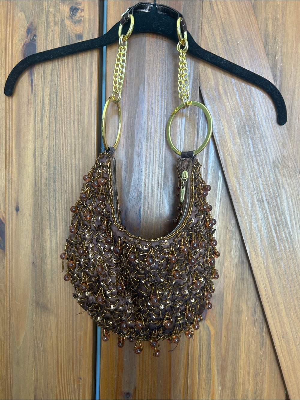Beaded Brown Hobo Bag with Gold Chain Handles